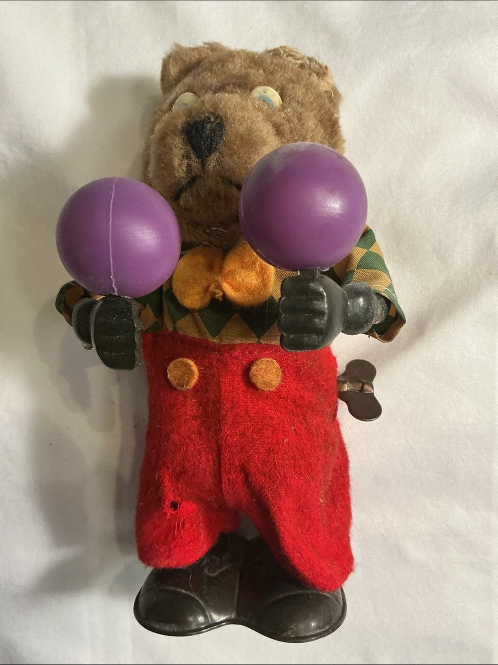 Antique Russ Brown Bear Clown Toy with Purple Maracas - Wind up is broken